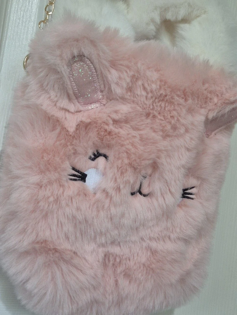 Danbar global pink fluffy bunny purse with gold chain strap